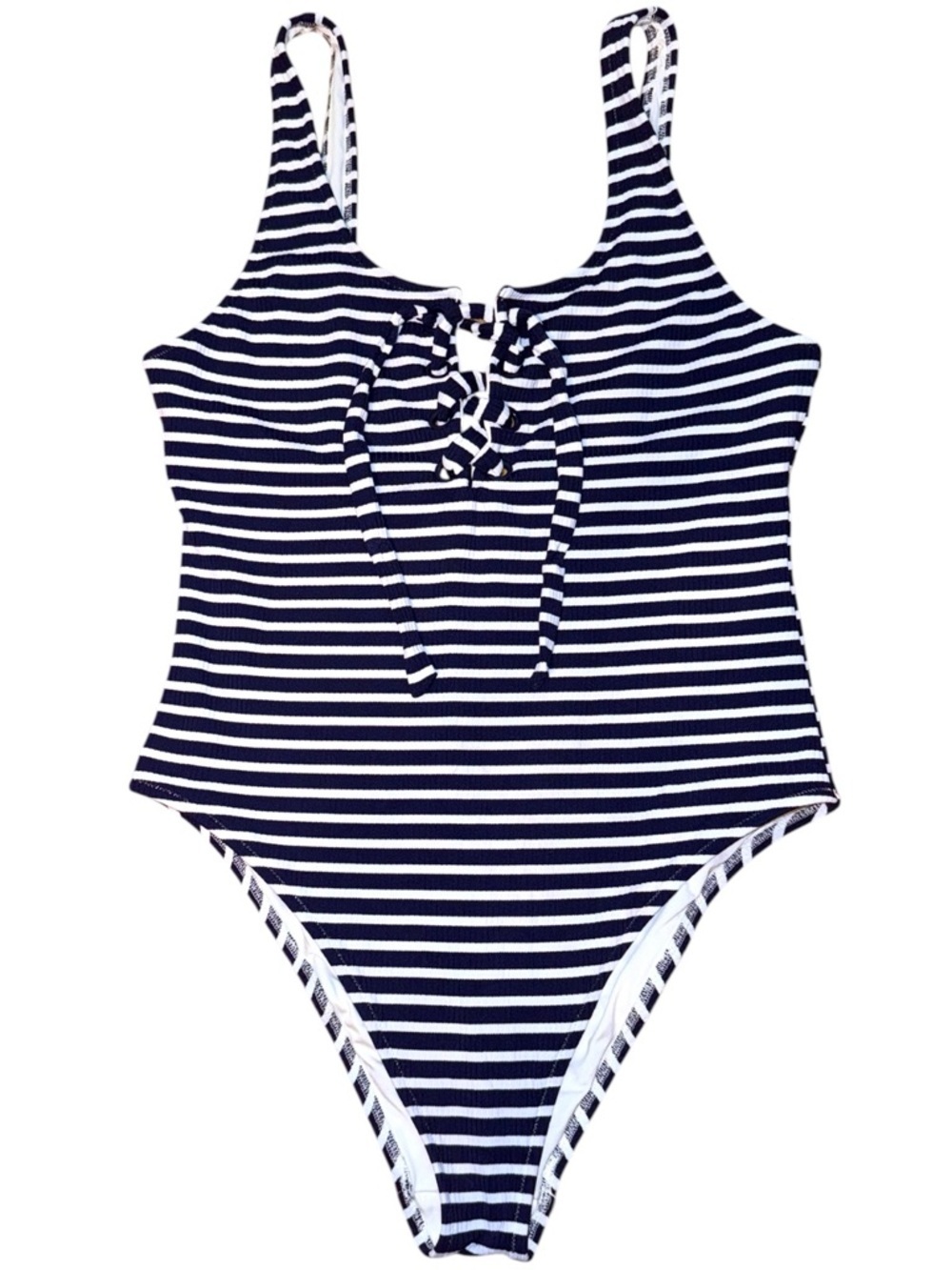 Aerie Navy Stripe One Piece Swimsuit Lace Up Front Low Back Size Large